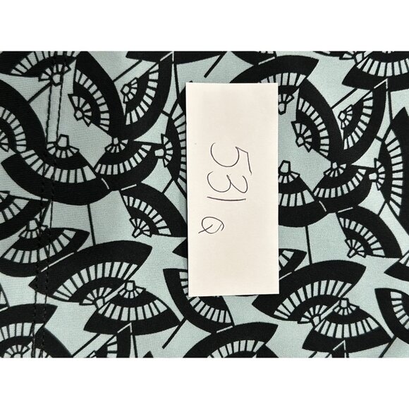 Womens Wrap Style Short Sleeve Top  Black Fan Pattern Light Blue Fabric Size L - Picture 8 of 8